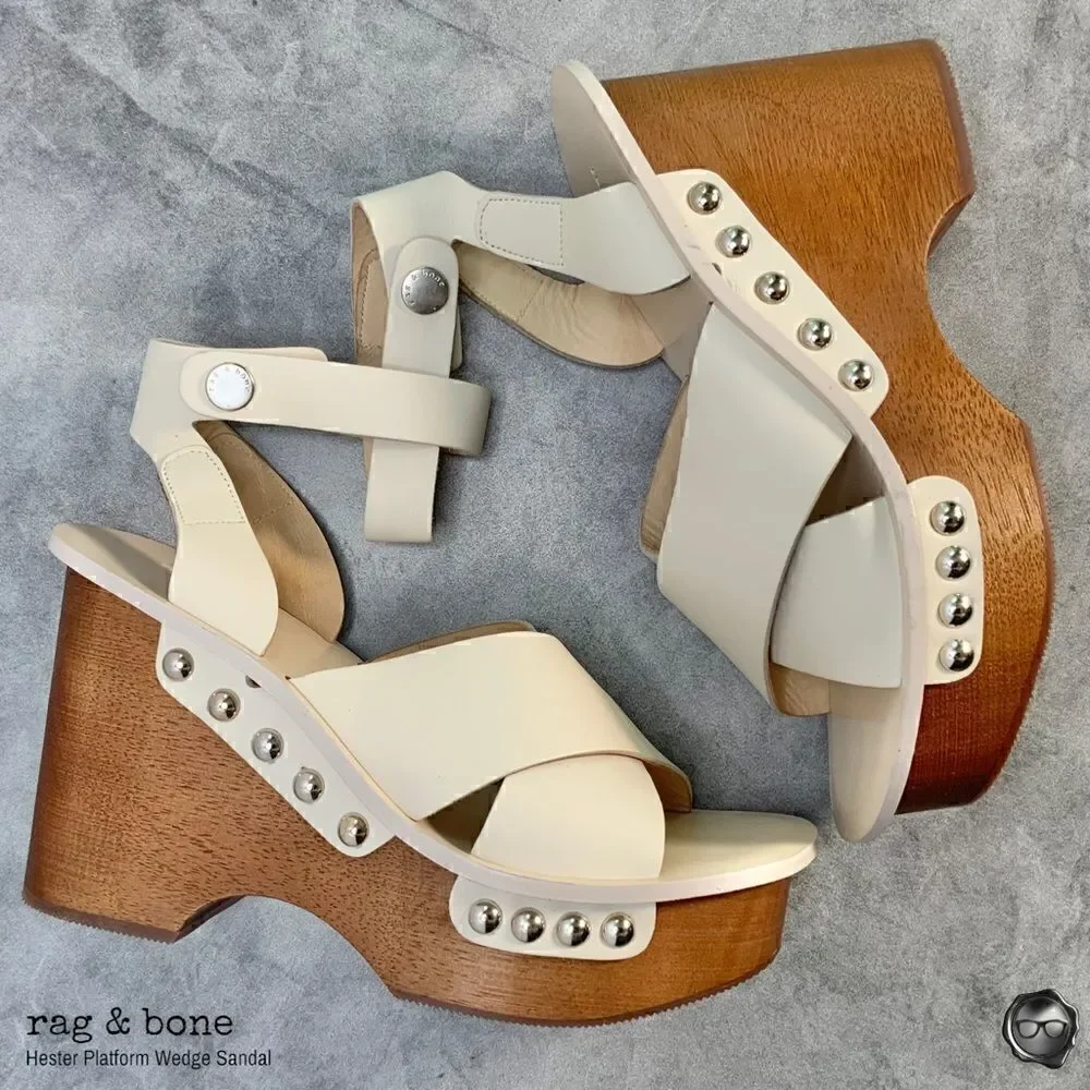 RAG & BONE HESTER LEATHER ANKLE-STRAP WEDGE PLATFORM SANDALS IN IVORY SIZE 9